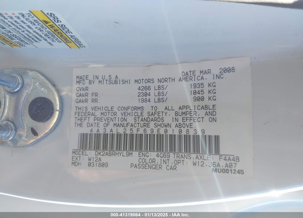 2009 MITSUBISHI ECLIPSE SPYDER VIN: 4A3AL25F69E010839