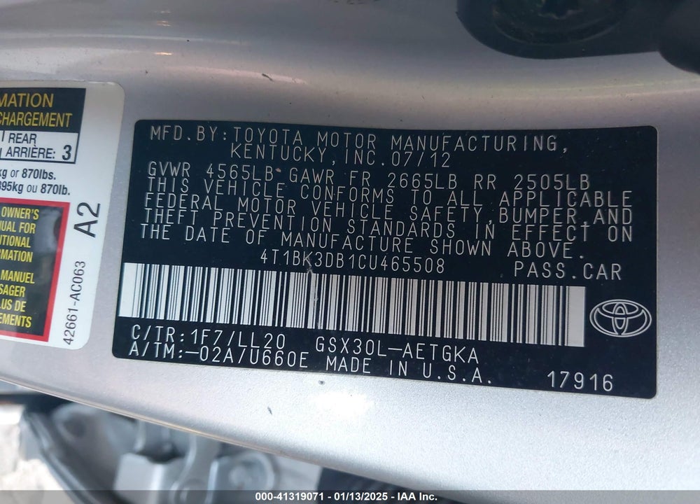 2012 TOYOTA AVALON VIN: 4T1BK3DB1CU465508