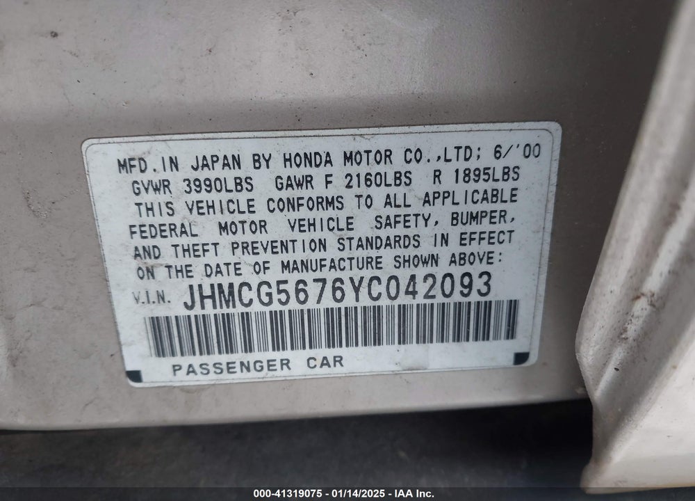 2000 HONDA ACCORD SDN VIN: JHMCG5676YC042093