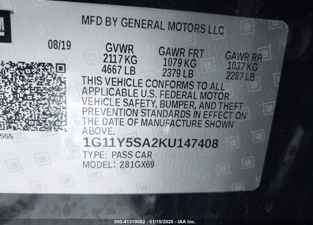 2019 CHEVROLET IMPALA LS VIN: 1G11Y5SA2KU147408