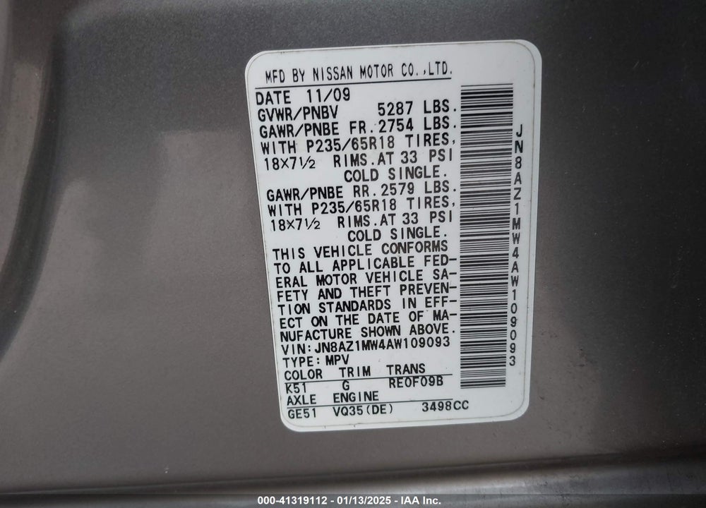2010 NISSAN MURANO SL VIN: JN8AZ1MW4AW109093