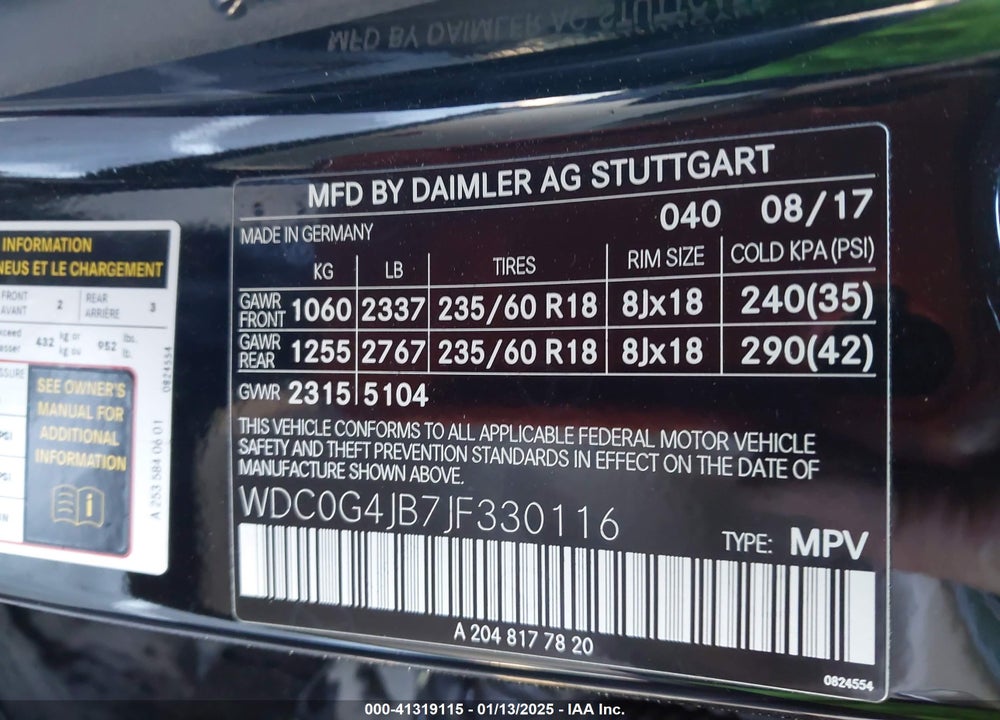 2018 MERCEDES-BENZ GLC 300 VIN: WDC0G4JB7JF330116
