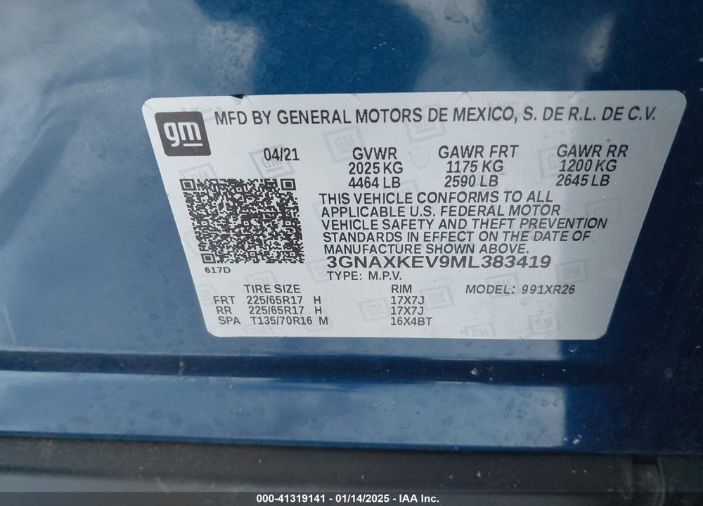 2021 CHEVROLET EQUINOX VIN: 3GNAXKEV9ML383419
