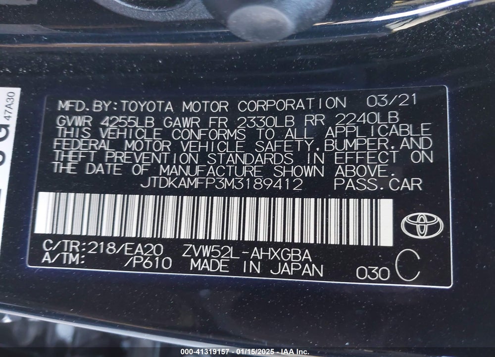 2021 TOYOTA PRIUS PRIME XLE VIN: JTDKAMFP3M3189412