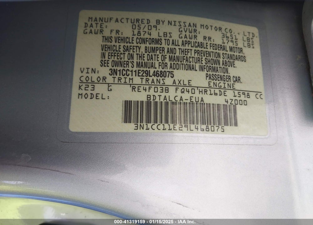 2009 NISSAN VERSA 1.6 VIN: 3N1CC11E29L468075