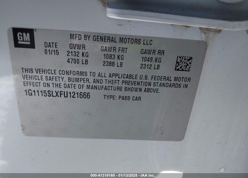 2015 CHEVROLET IMPALA VIN: 1G1115SLXFU121666