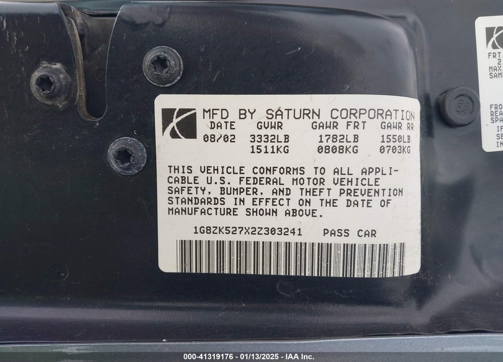 2002 SATURN S-SERIES SL2 VIN: 1G8ZK527X2Z303241