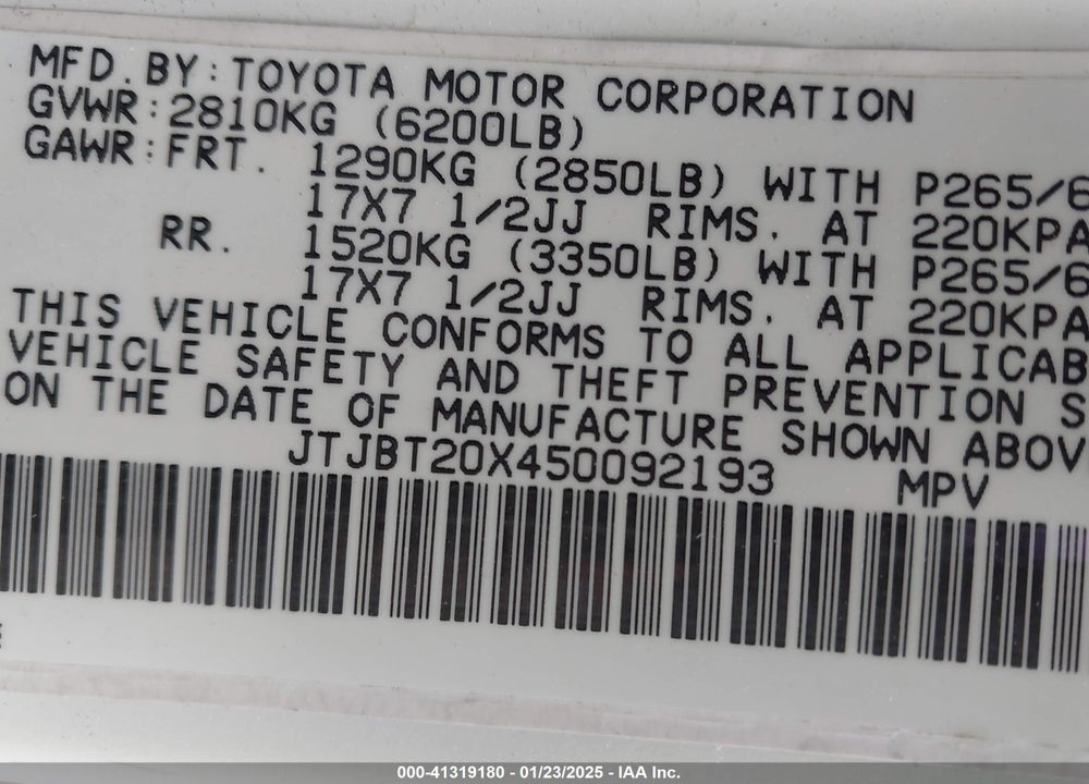 2005 LEXUS GX 470 VIN: JTJBT20X450092193