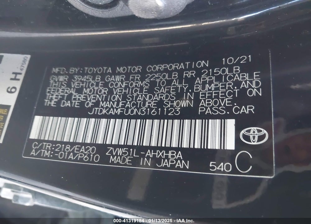 2022 TOYOTA PRIUS VIN: JTDKAMFU0N3161123