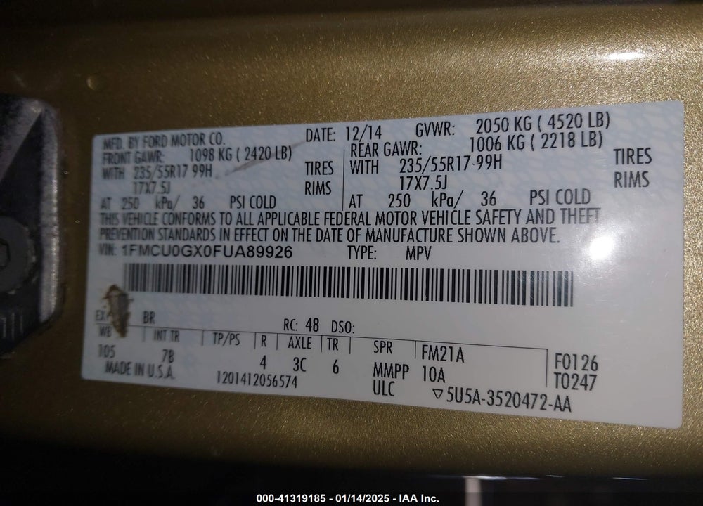 2015 FORD ESCAPE SE VIN: 1FMCU0GX0FUA89926