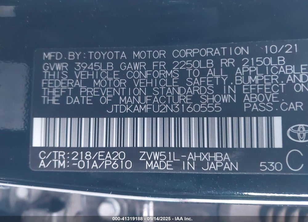 2022 TOYOTA PRIUS VIN: JTDKAMFU2N3160555