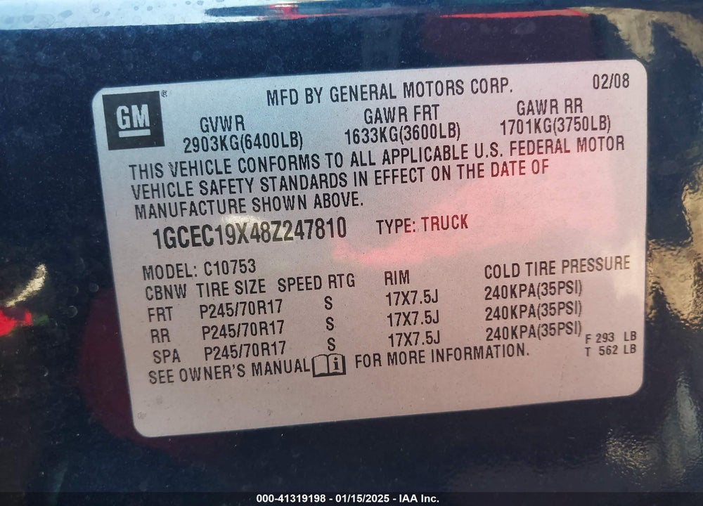 2008 CHEVROLET SILVERADO 1500 WORK TRUCK VIN: 1GCEC19X48Z247810