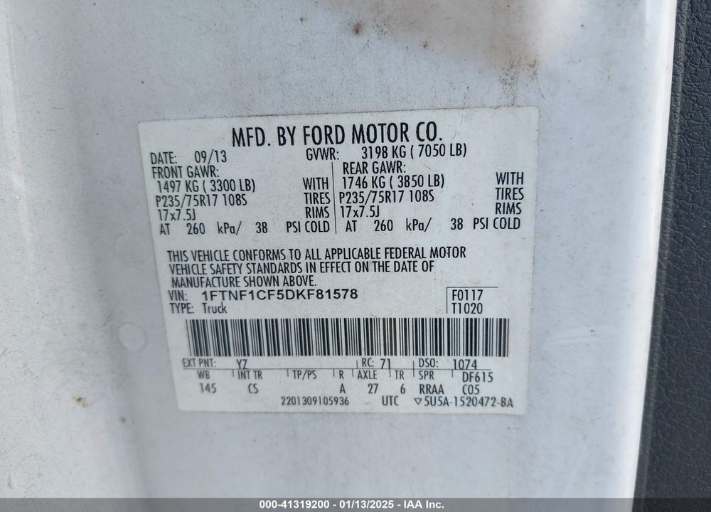2013 FORD F-150 VIN: 1FTNF1CF5DKF81578