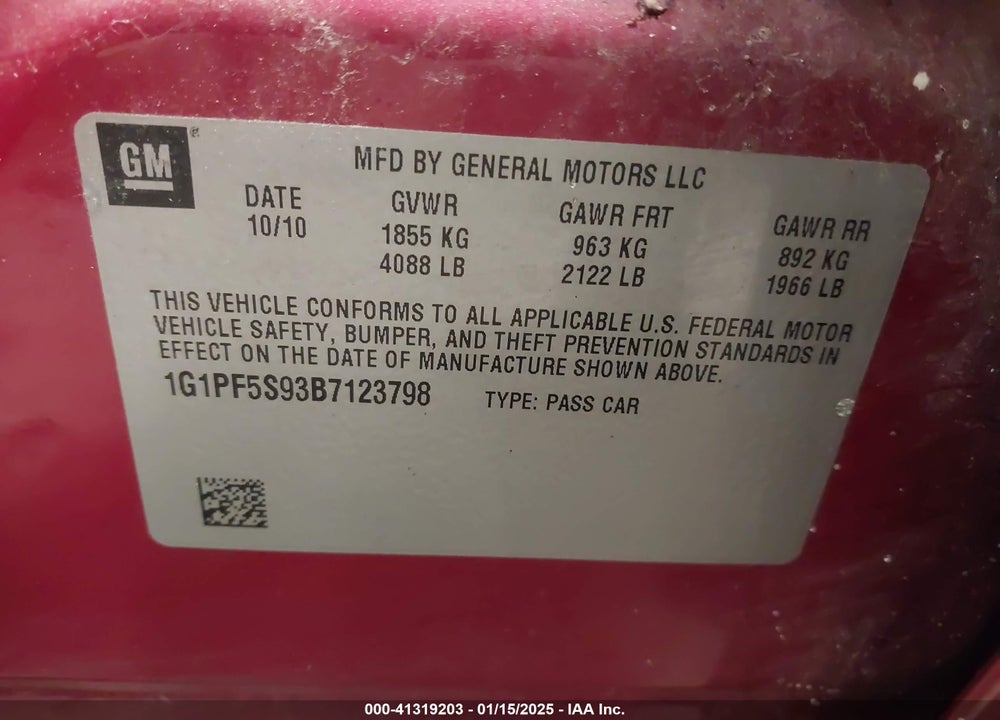 2011 CHEVROLET CRUZE VIN: 1G1PF5S93B7123798