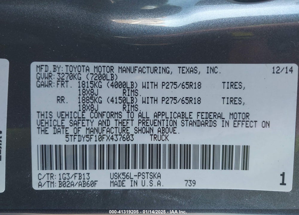 2015 TOYOTA TUNDRA VIN: 5TFDY5F10FX437603