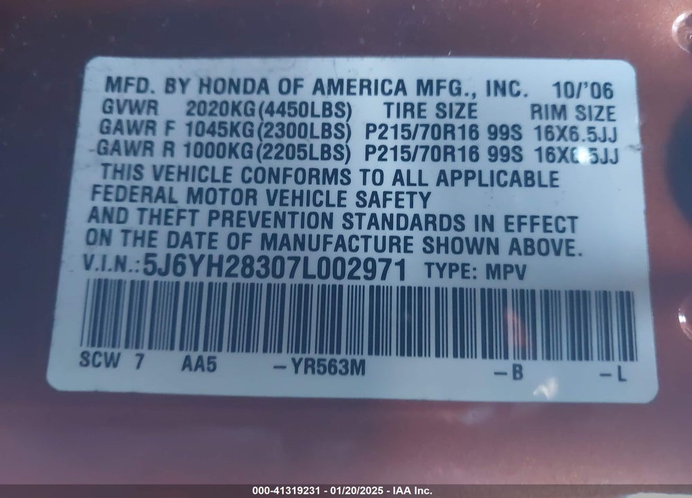 2007 HONDA ELEMENT LX VIN: 5J6YH28307L002971