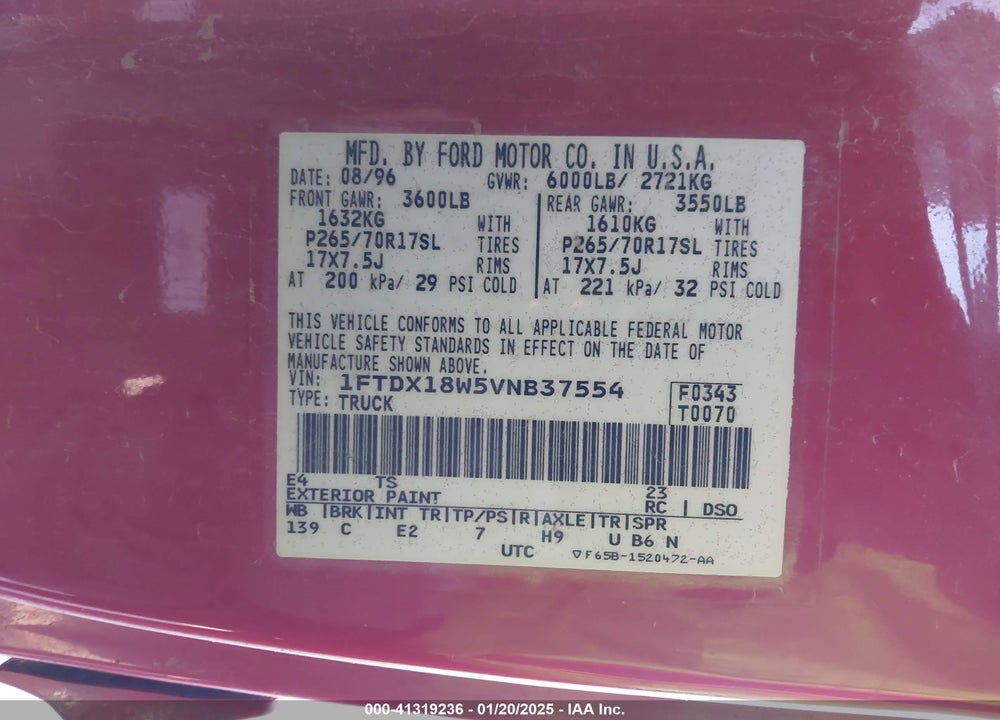 1997 FORD F-150 LARIAT/XL/XLT VIN: 1FTDX18W5VNB37554