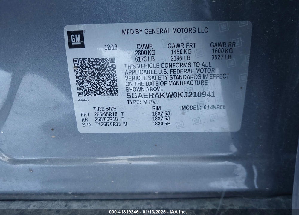 2019 BUICK ENCLAVE FWD PREFERRED VIN: 5GAERAKW0KJ210941