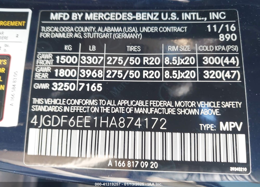 2017 MERCEDES-BENZ GLS 450 4MATIC VIN: 4JGDF6EE1HA874172