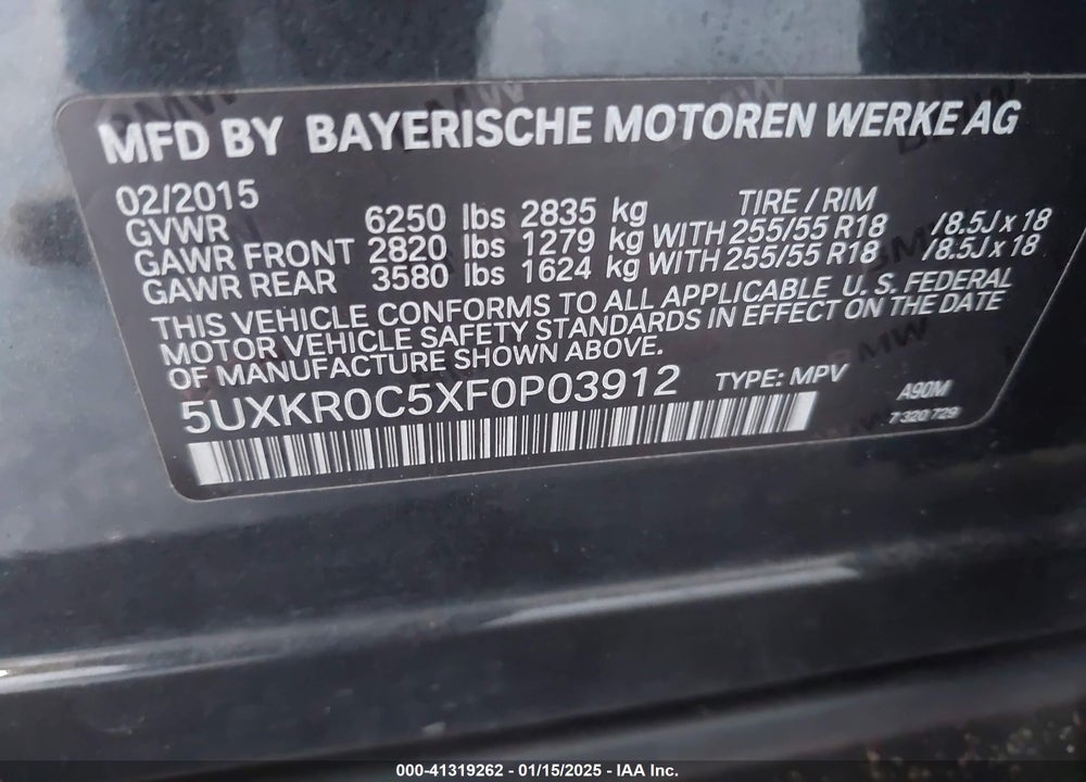2015 BMW X5 XDRIVE35I VIN: 5UXKR0C5XF0P03912