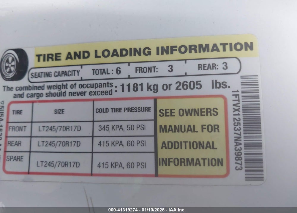 2007 FORD F-150 XL/XLT VIN: 1FTVX12537NA39873