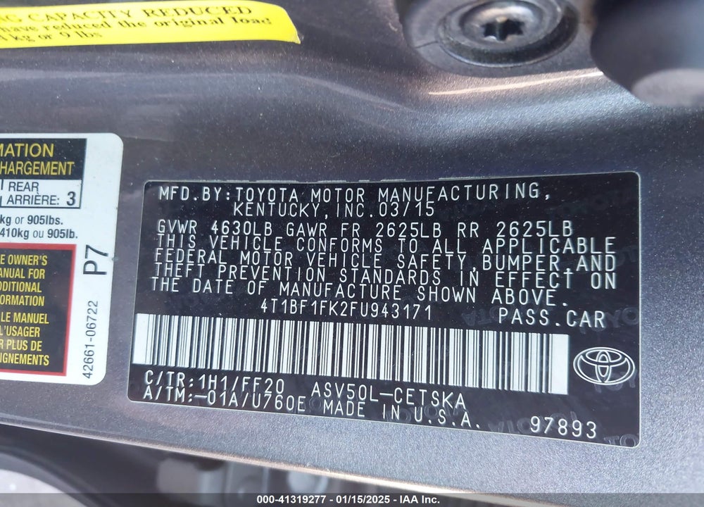 2015 TOYOTA CAMRY VIN: 4T1BF1FK2FU943171
