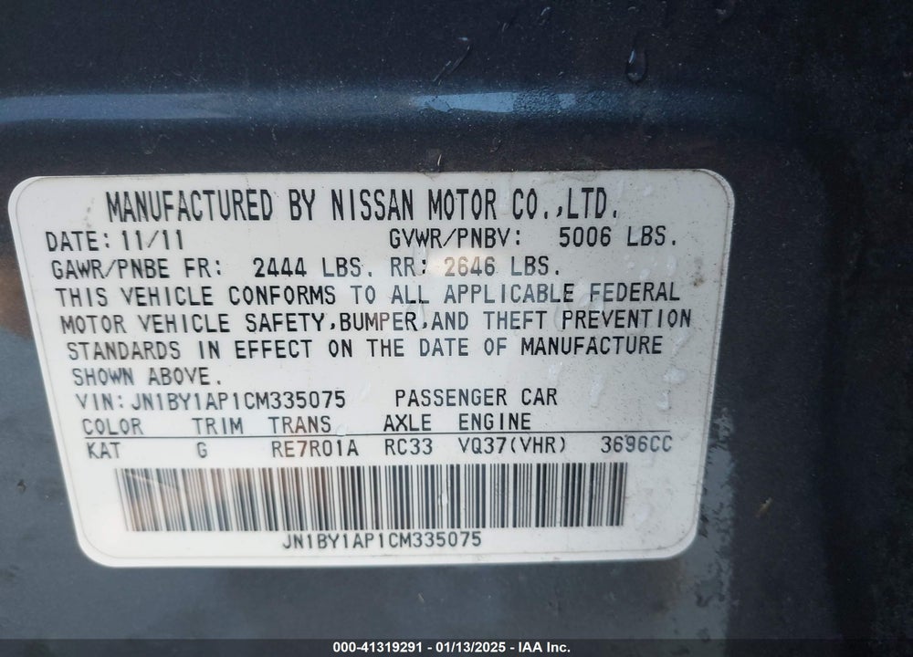 2012 INFINITI M37 VIN: JN1BY1AP1CM335075