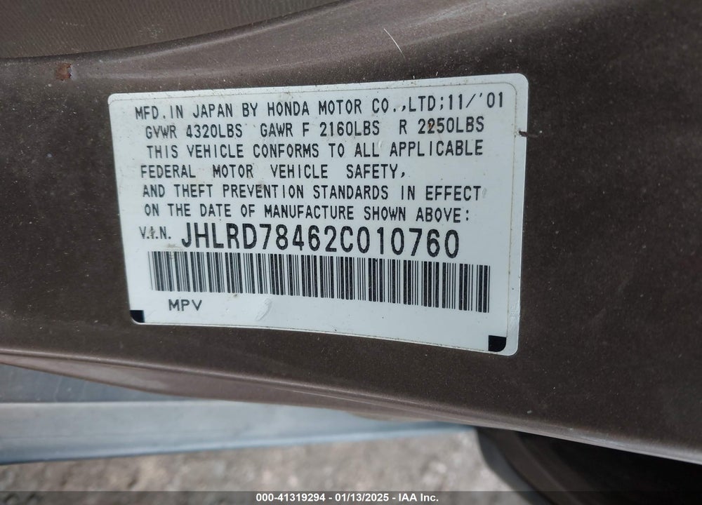 2002 HONDA CR-V LX VIN: JHLRD78462C010760