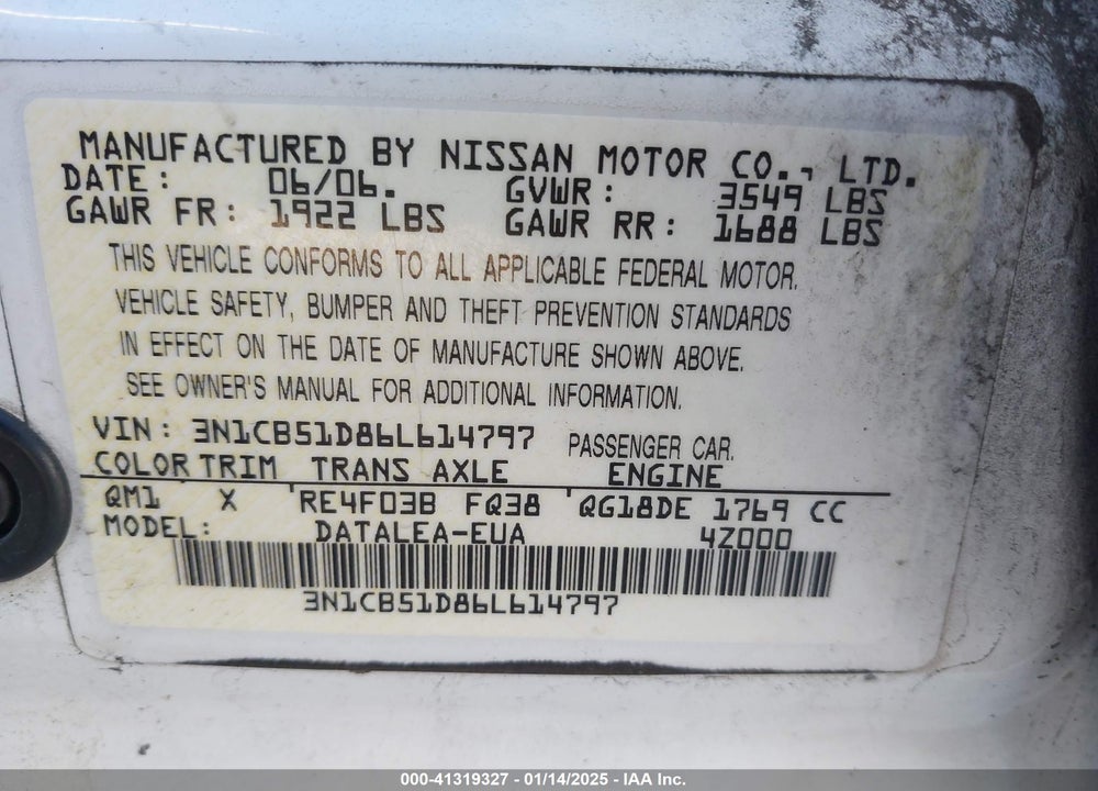 2006 NISSAN SENTRA VIN: 3N1CB51D86L614797