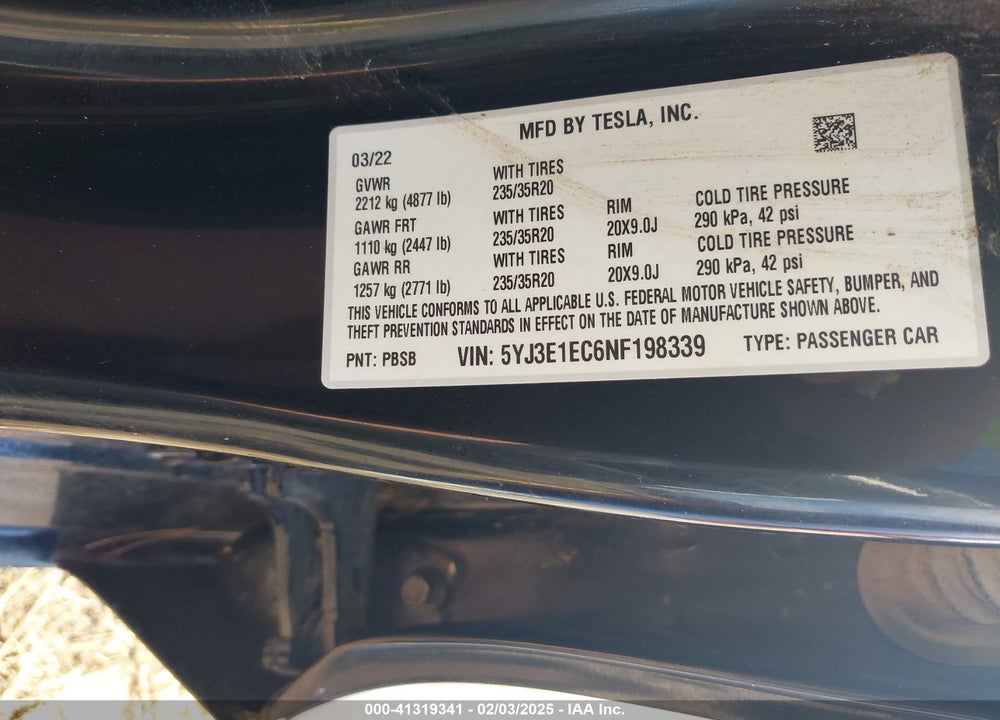 2022 TESLA MODEL 3 VIN: 5YJ3E1EC6NF198339