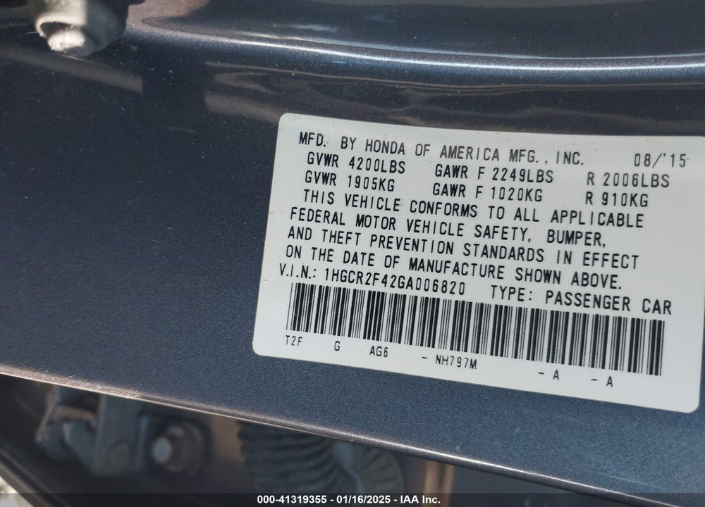 2016 HONDA ACCORD VIN: 1HGCR2F42GA006820