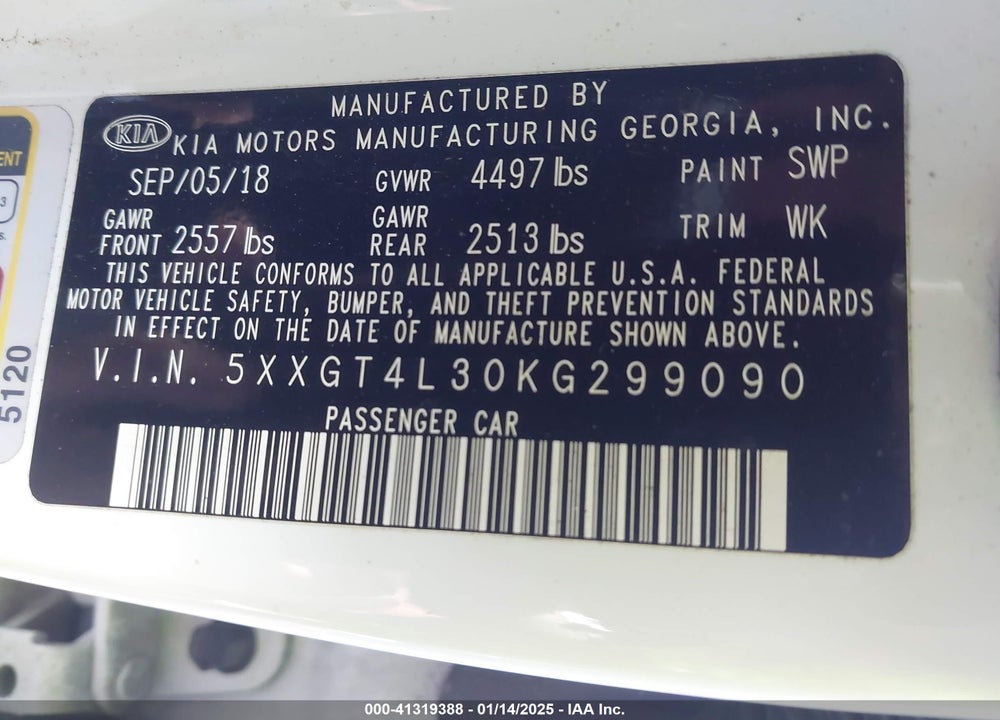 2019 KIA OPTIMA LX VIN: 5XXGT4L30KG299090