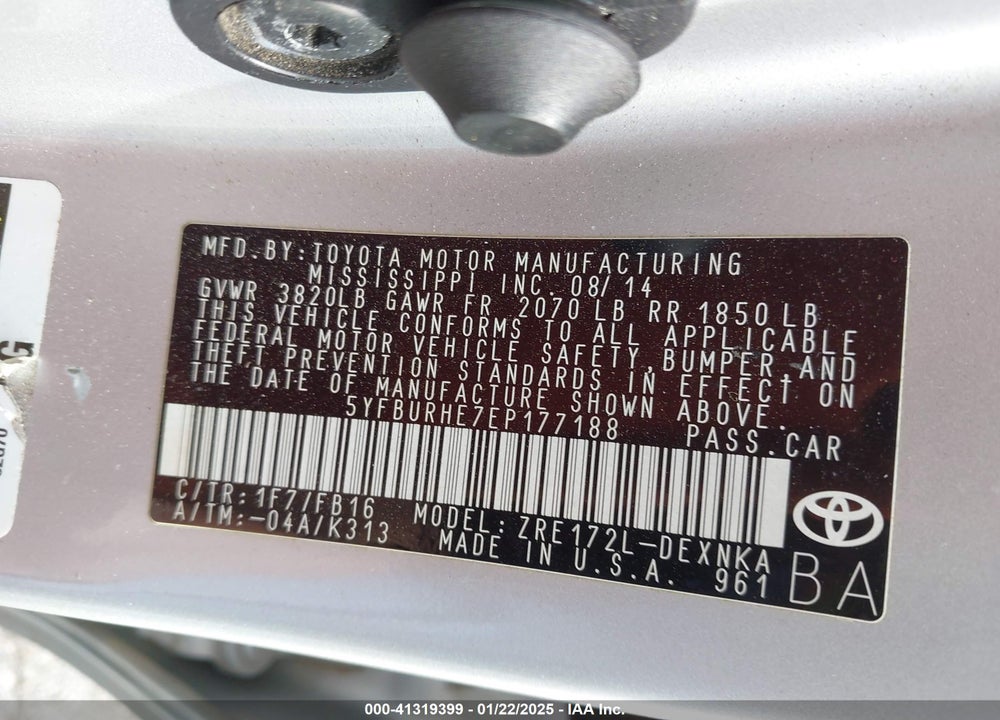 2014 TOYOTA COROLLA LE VIN: 5YFBURHE7EP177188