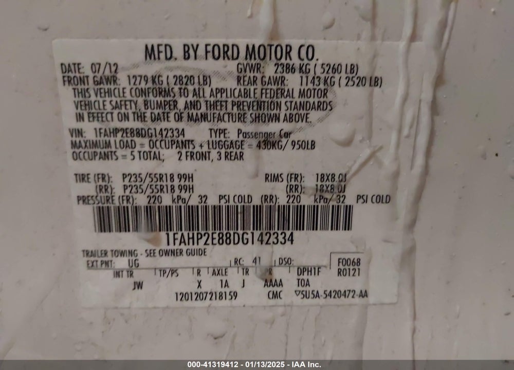 2013 FORD TAURUS SEL VIN: 1FAHP2E88DG142334