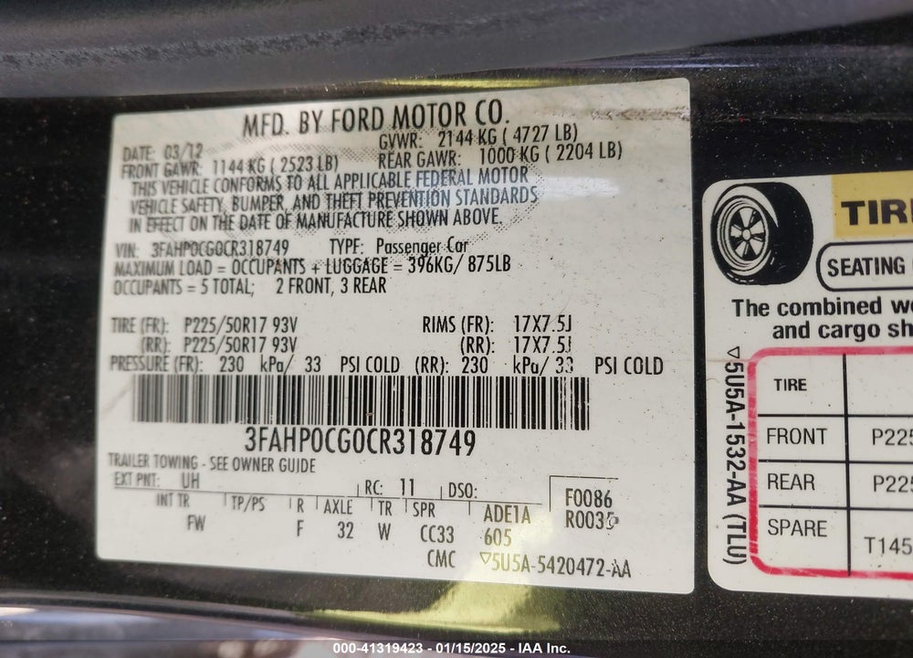 2012 FORD FUSION VIN: 3FAHP0CG0CR318749