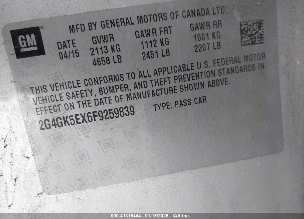 2015 BUICK REGAL TURBO VIN: 2G4GK5EX6F9259839