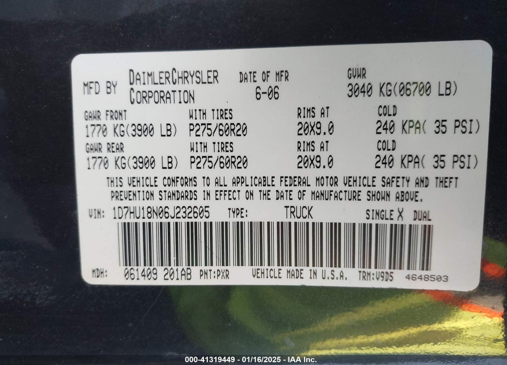 2006 DODGE RAM 1500 VIN: 1D7HU18N06J232605