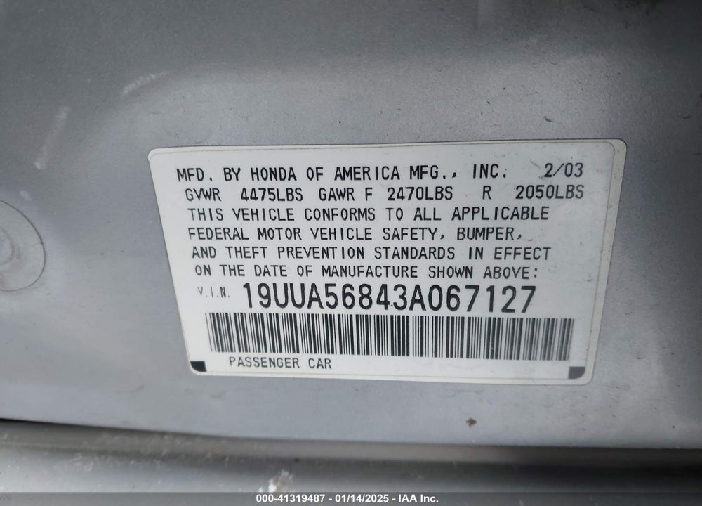 2003 ACURA TL 3.2 TYPE S VIN: 19UUA56843A067127