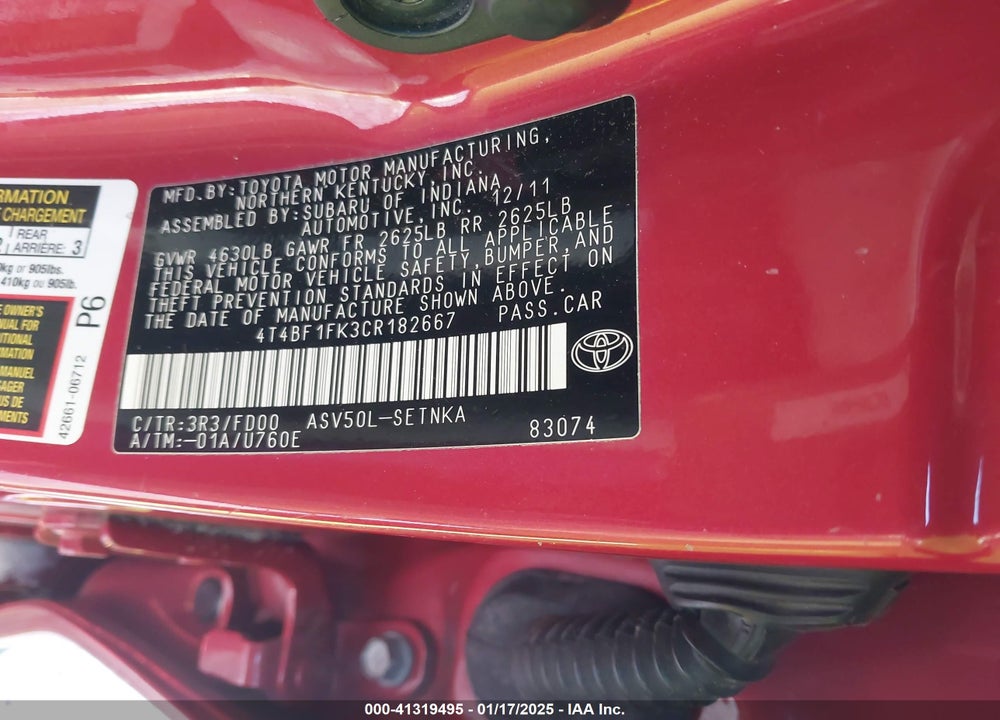 2012 TOYOTA CAMRY LE VIN: 4T4BF1FK3CR182667
