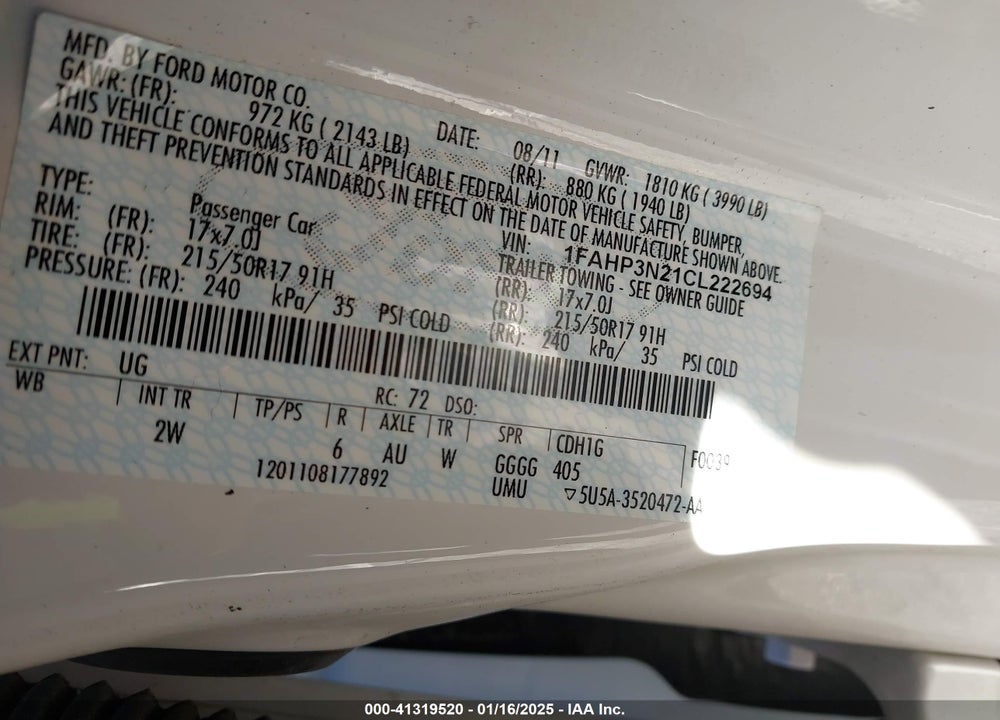 2012 FORD FOCUS VIN: 1FAHP3N21CL222694