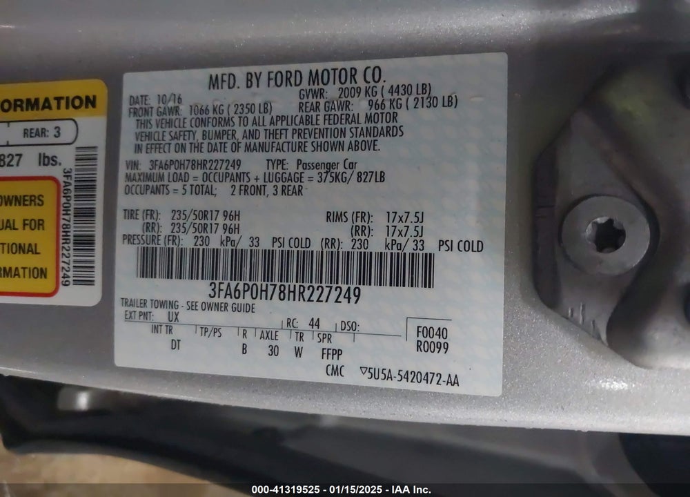 2017 FORD FUSION SE VIN: 3FA6P0H78HR227249