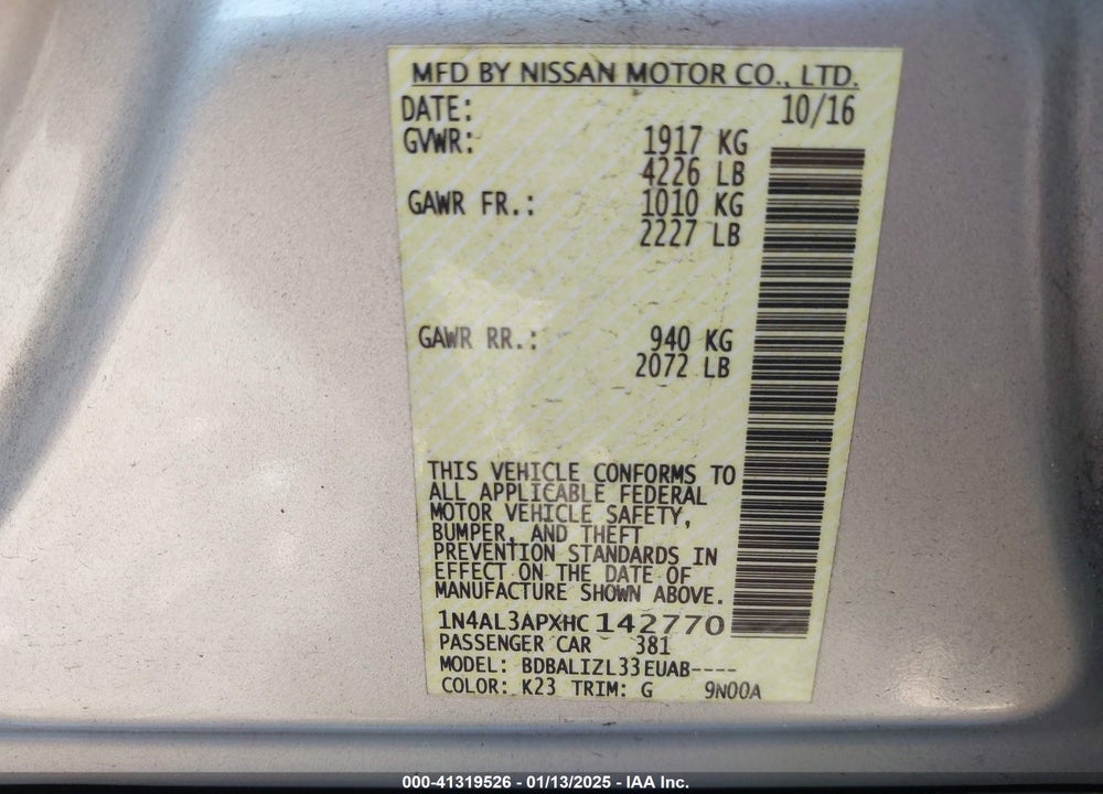 2017 NISSAN ALTIMA VIN: 1N4AL3APXHC142770