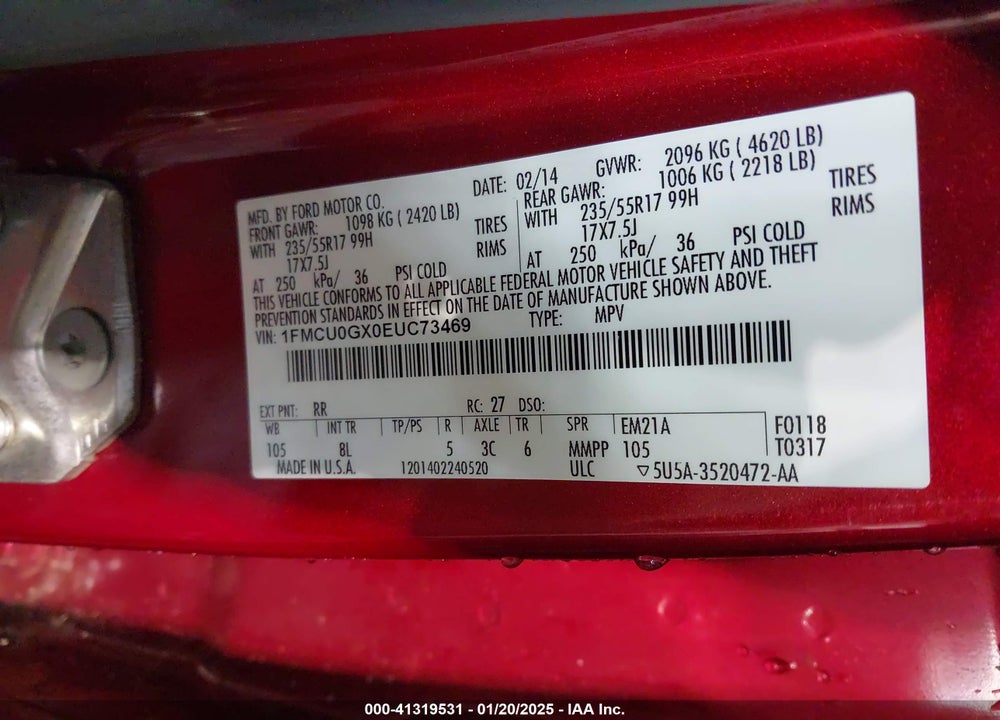 2014 FORD ESCAPE SE VIN: 1FMCU0GX0EUC73469