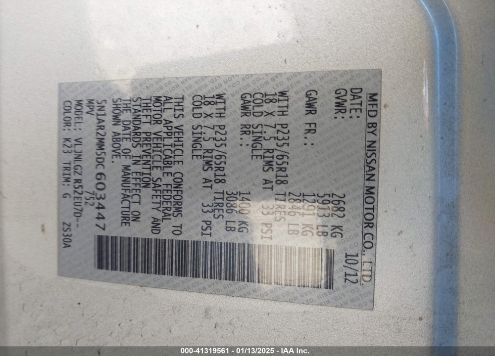 2013 NISSAN PATHFINDER SL VIN: 5N1AR2MM5DC603447