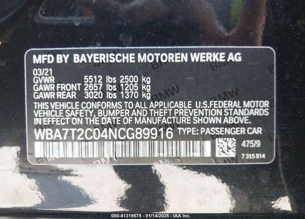 2022 BMW 740 I VIN: WBA7T2C04NCG89916