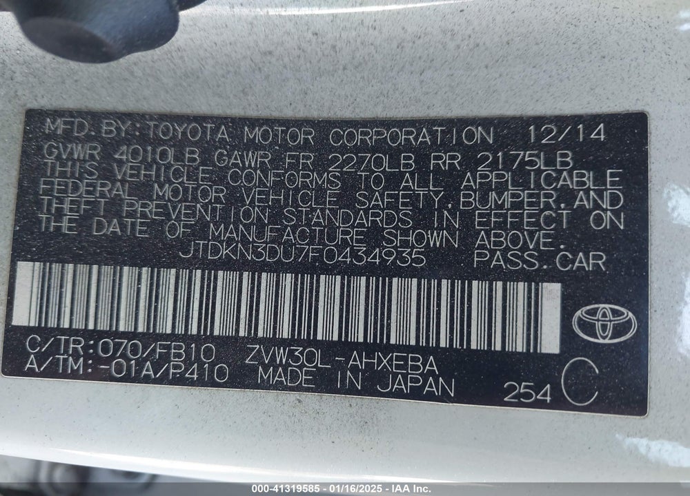 2015 TOYOTA PRIUS VIN: JTDKN3DU7F0434935