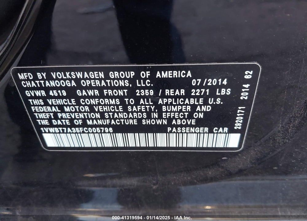 2015 VOLKSWAGEN PASSAT VIN: 1VWBT7A35FC005796
