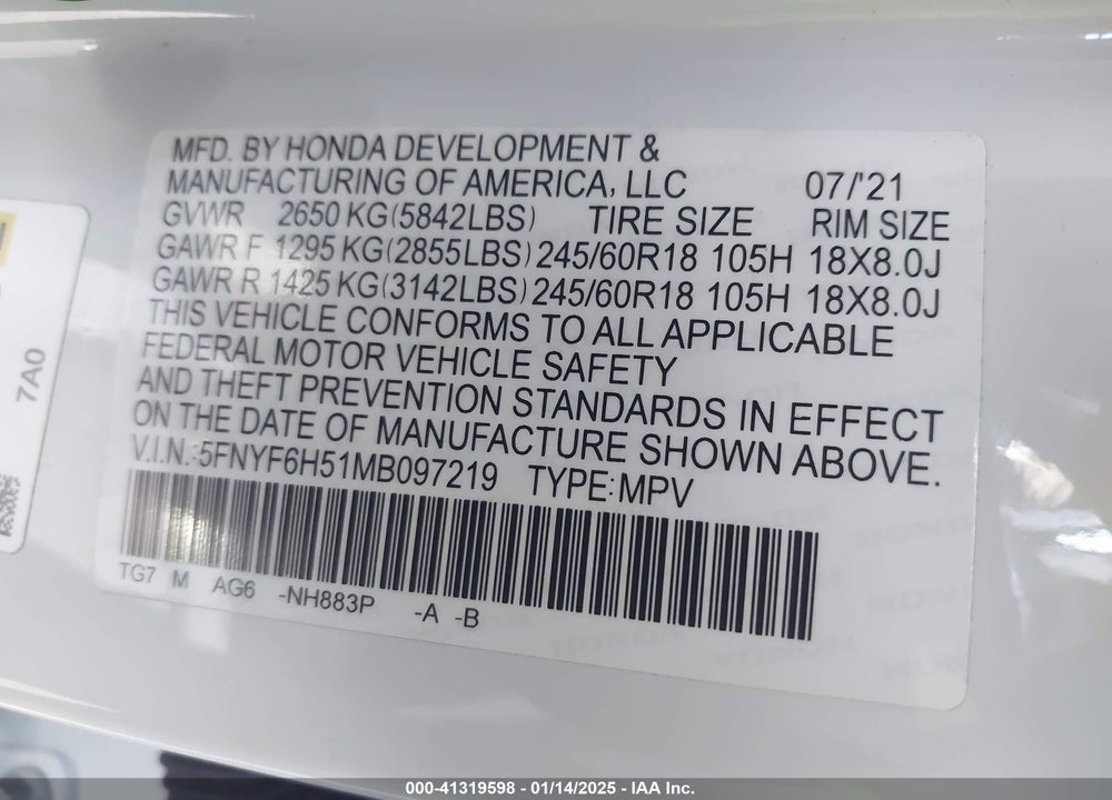 2021 HONDA PILOT AWD EX-L VIN: 5FNYF6H51MB097219