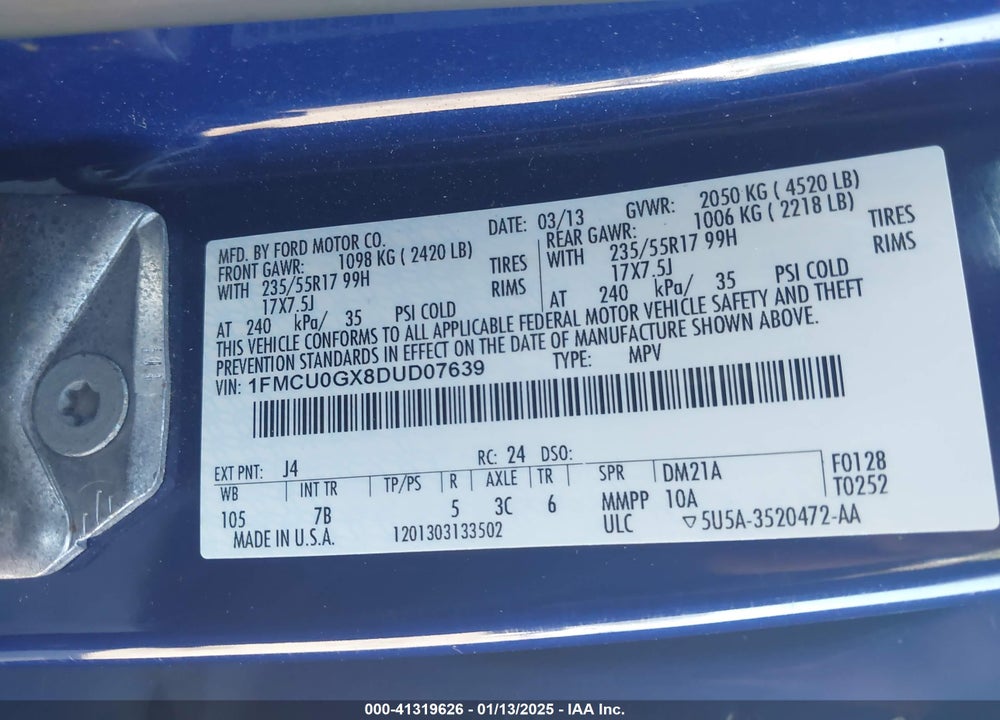 2013 FORD ESCAPE SE VIN: 1FMCU0GX8DUD07639