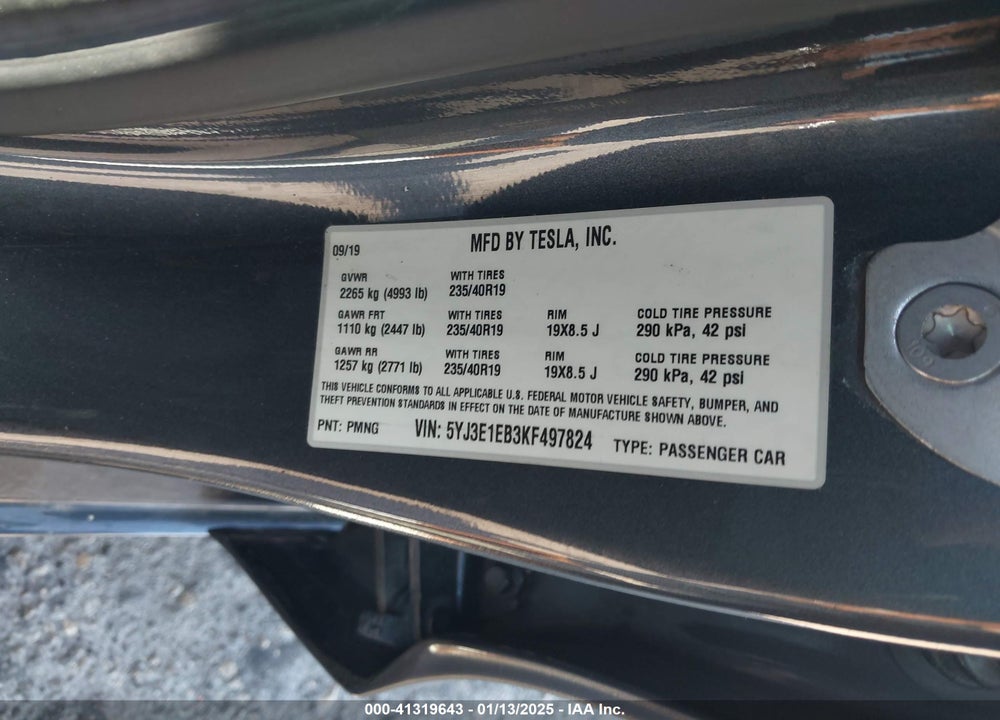2019 TESLA MODEL 3 VIN: 5YJ3E1EB3KF497824
